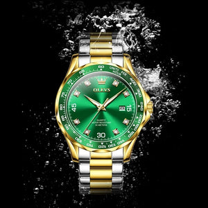 Golden Green Quartz Watch for Men Luxury Brand Diving Waterproof Stainless steel Rubber Strap Men's Watches Original