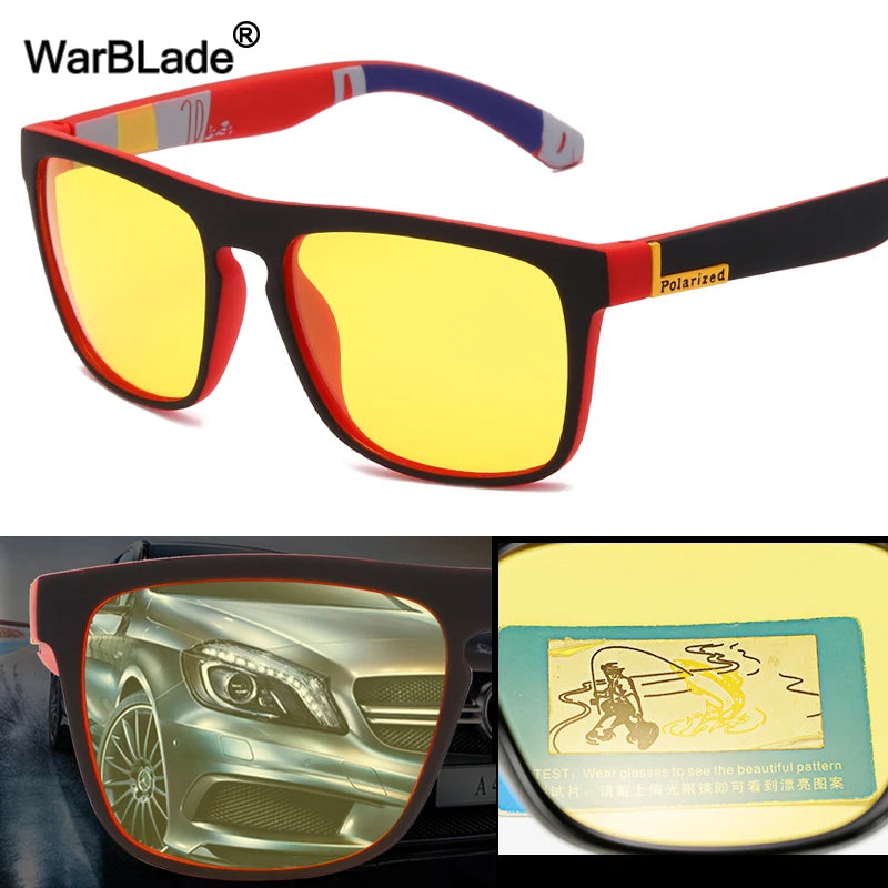 New Polarised Square Sunglasses for Men with Yellow Lens – Anti-Glare Night Vision Driving Glasses UV400 Eyewear