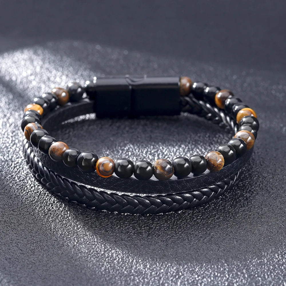 Handwoven Men's Bracelet Natural Tiger Eye and Volcano Stone Beaded Leather Bangle