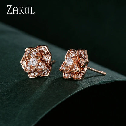 Elegant Rose Cubic Zirconia Stud Earrings for Women - Delicate Ear Jewellery