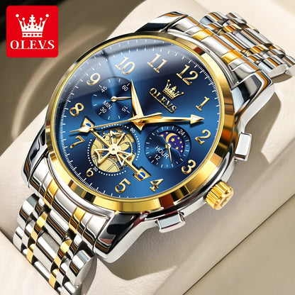 Men’s Stainless Steel Moon Phase Luminous Quartz Chronograph Waterproof Wristwatch – New Fashion Design