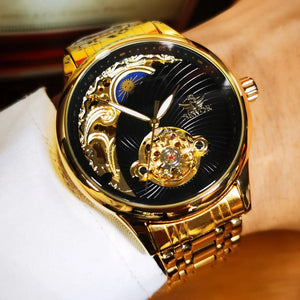 Gold Skeleton Men’s Watch with Retro Moon Phase, Tourbillon Automatic Mechanical Movement, Luxury Stainless Steel Band, and Luminous Features