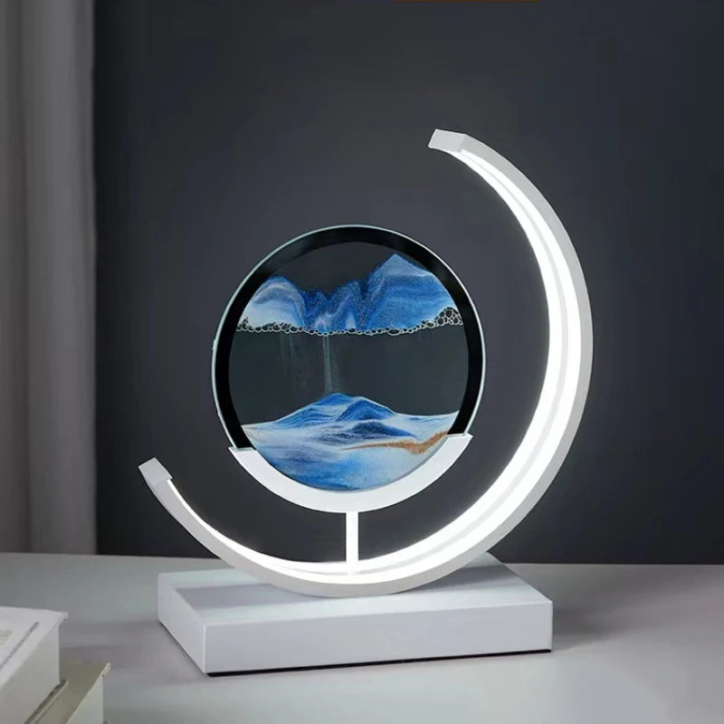 3D LED Quicksand Hourglass with Natural Landscape 360° Rotating Creative Art Glass Light for Living Room or Bedroom