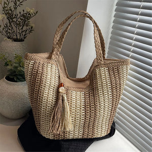 Handmade Vintage Striped Raffia Rattan Beach Bag with Large Capacity for Summer Travel