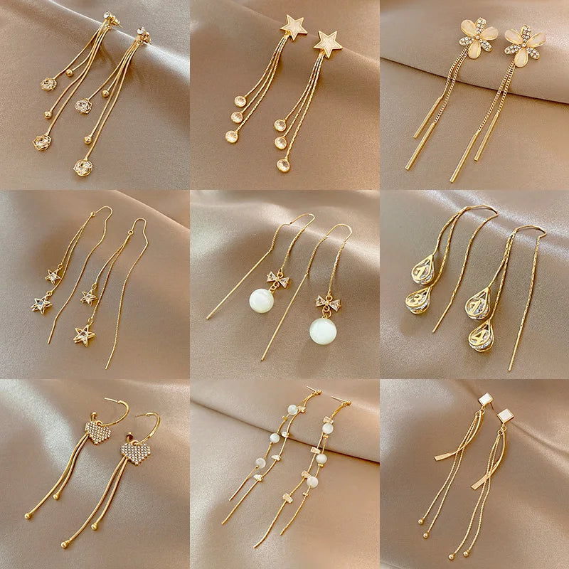 Korean Gold Colour Long Tassel Earrings for Women, Crystal Butterfly, Heart & Star Dangle, Elegant Party Jewellery