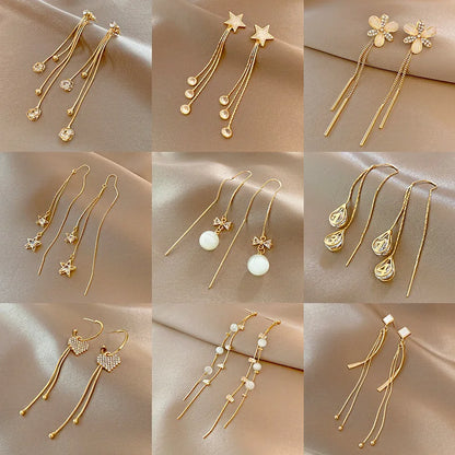 Korean Gold Colour Long Tassel Earrings for Women, Crystal Butterfly, Heart & Star Dangle, Elegant Party Jewellery