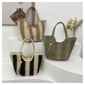 Handmade Vintage Striped Raffia Rattan Beach Bag with Large Capacity for Summer Travel