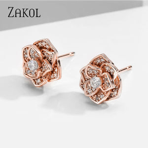 Elegant Rose Cubic Zirconia Stud Earrings for Women - Delicate Ear Jewellery