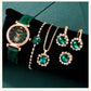 6-Piece Set Green Luxury Quartz Watch with Ring, Necklace, Earring, and Casual Ladies' Bracelet