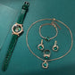 6-Piece Set Green Luxury Quartz Watch with Ring, Necklace, Earring, and Casual Ladies' Bracelet