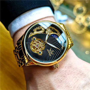 Gold Skeleton Men’s Watch with Retro Moon Phase, Tourbillon Automatic Mechanical Movement, Luxury Stainless Steel Band, and Luminous Features