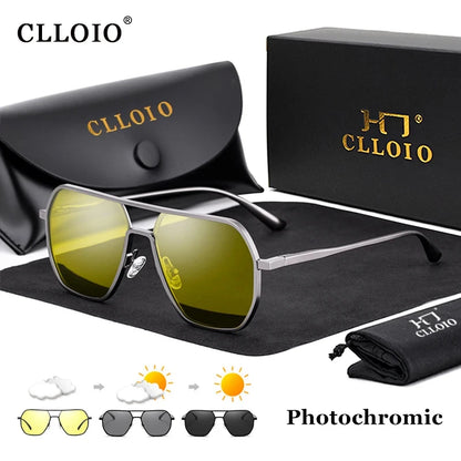 Polarised Photochromic Sunglasses for Men and Women - Anti-glare Day and Night Vision Driving Glasses with UV400 Protection and Square Aluminium Frames